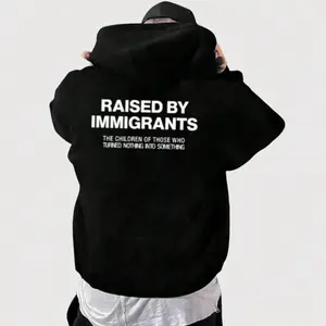 Women's Raised By Immigrants Graphic Hoodie - Cotton Blend Black Long Sleeve Pullover Regular Fit | Soft & Breathable Fabric, Durable Print, Everyday Comfort, Machine Washable, casual streetwear urban lifestyle