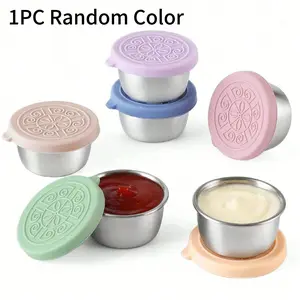 Stainless Steel Salad Dressing Container with Leak-Proof Silicone Lid, 1.6oz Small Sauce Cup for Lunch Boxes, Picnics & Travel, Reusable Lunch Containers