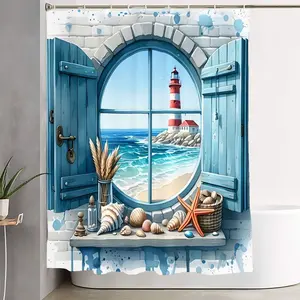 1/4pcs Coastal Nautical Bathroom Decor Set with Shower Curtain Sets, Watercolor Lighthouse Shower Curtain, Matching Bath Mats, Toilet Seat Covers, and Hooks - Beachy Cottage Aesthetic for a Relaxing Summer Vibe in Your Home