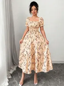 Square Collar Ruched Maxi Dress - Floral Ditsy Boho - Casual Everyday Work Travel Beach Dress, TikTok Style