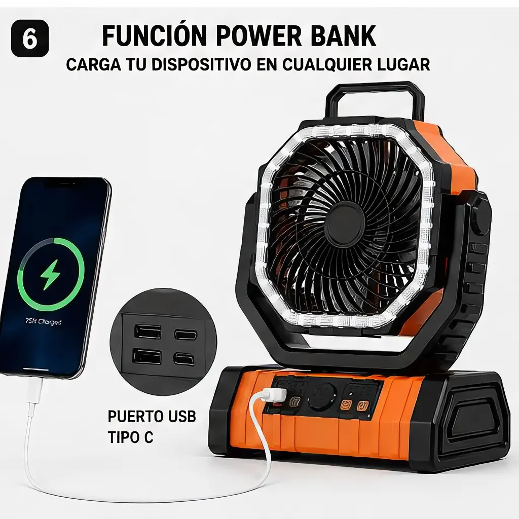 F6 Rechargeable Portable Fan 11-Inch with 20,000mAh Battery Remote Control LED Light Power Bank Function Multiple Speeds Black Orange