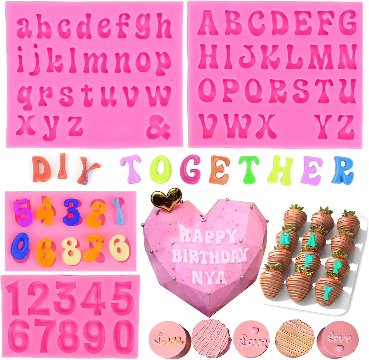 4Pcs Letter Molds for Chocolate Covered Strawberries, Silicone Uppercase Lowercase Alphabet Number Fondant Mold for Making Candy, Gummy, Biscuit, Ice Cube Tray, Cake Decorations