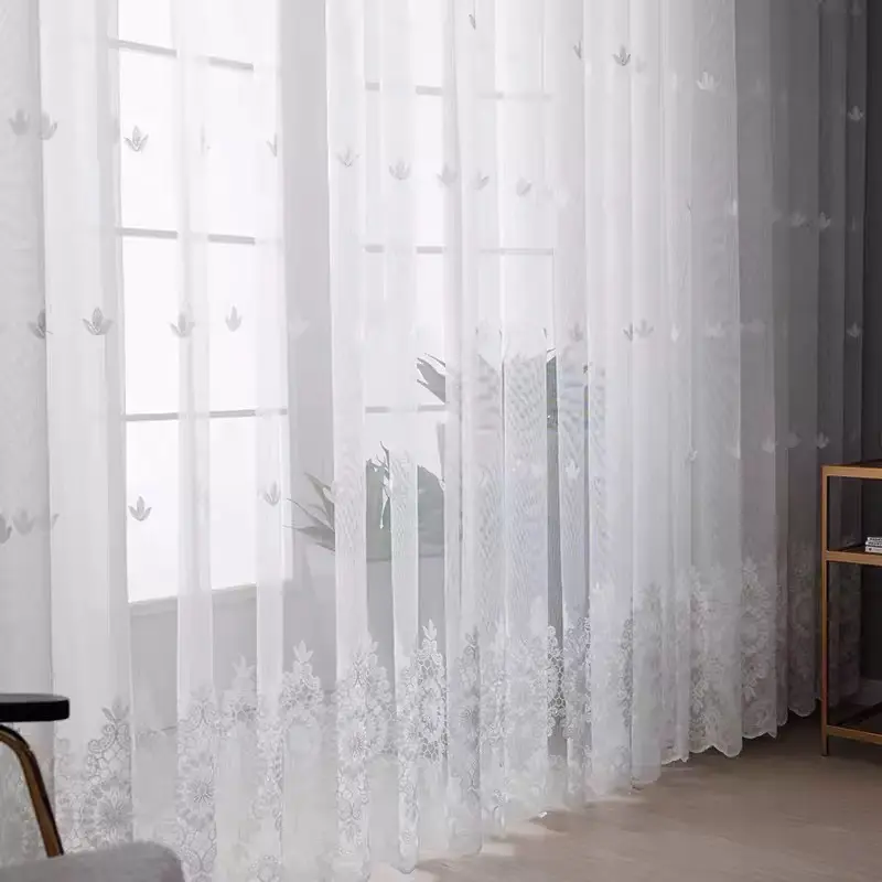 French Lace Embroidered Curtain, Romantic Floral Design, Lightweight Polyester Voile, Semi-Transparent, Privacy Curtain