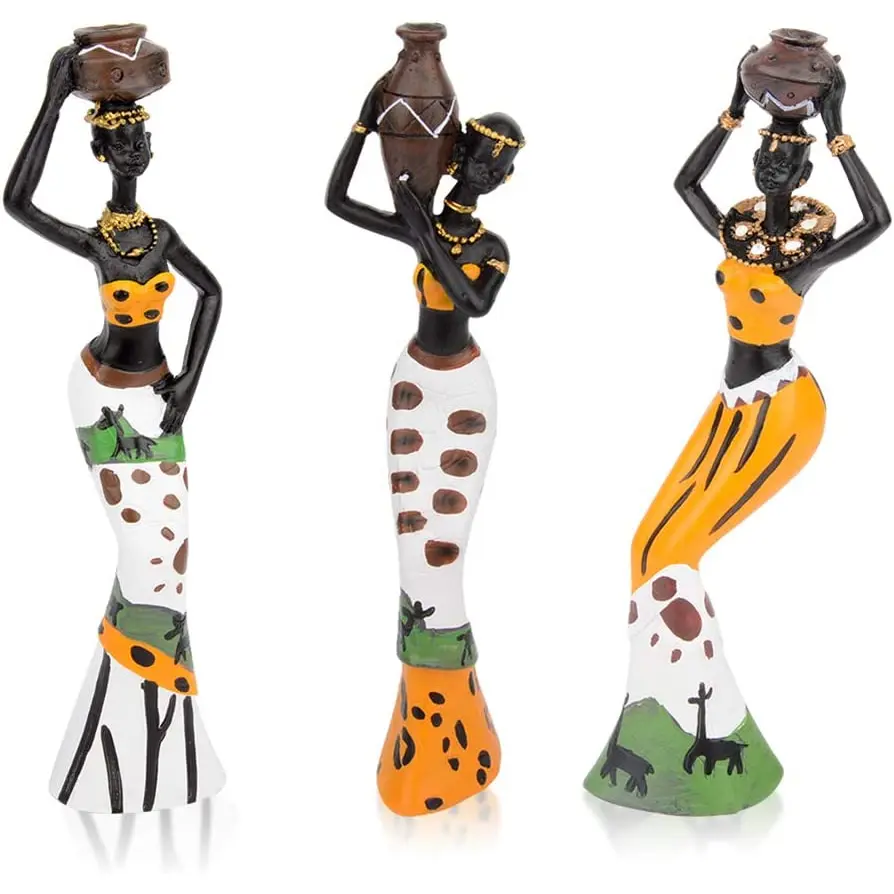 CYYKDA 3PACK Vintage African Statue. Hand Sculpture African American Figurines. Exotic Tribal Lady African Art Piece for Home Decor. Figurines Home Decor. Room Decor for Women-Yellow CYYKDA