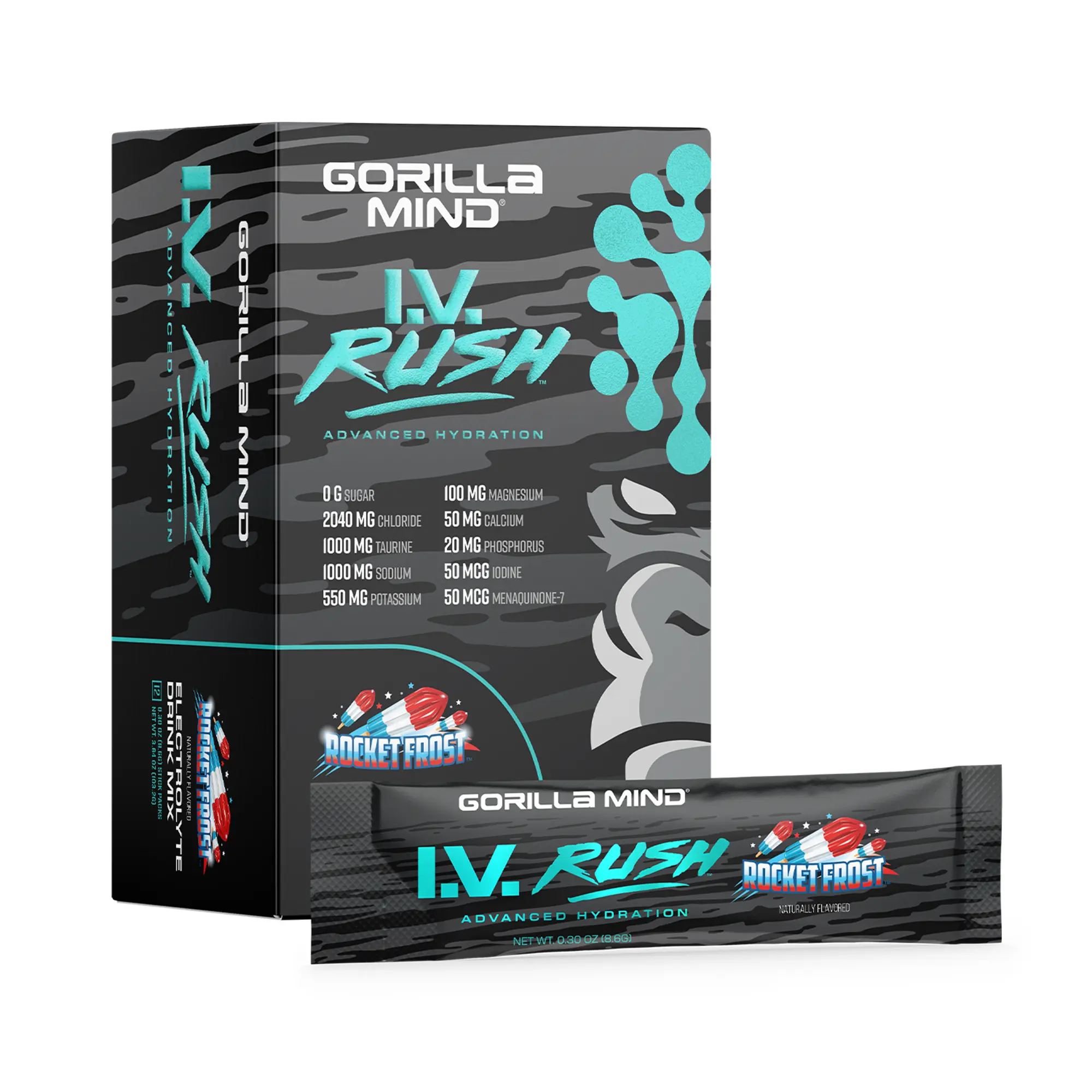 Gorilla Mind I.V. Rush Advanced Hydration Stick Packets (12 Count) - Sugar-Free, High Sodium Electrolytes Powder with Taurine, Trace Minerals, Robust Energy for Adults in High-Heat Environments Sports Beverage Mix
