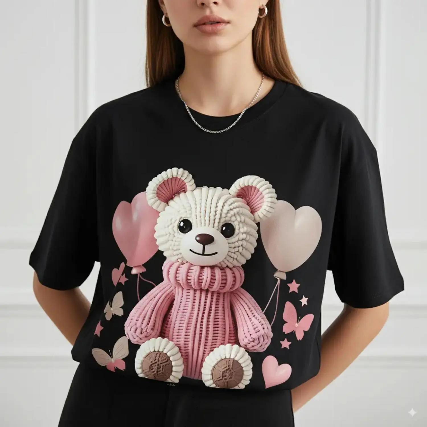 Charming Women Short Sleeve TShirt Featuring Adorable Bear and Balloon Graphic Print