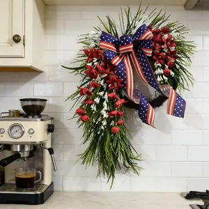 Elegant Patriotic Water Drop Wreath, Floral Accents, Star Spangled Bow, Memorial Day & Veterans Day Door Decor