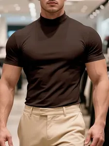 Mens Solid Color Mock Neck Short Sleeve | Slim Fit Business Casual T Shirt | Versatile Athletic Gym & Daily Wear