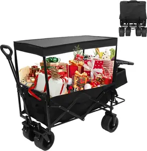 Camping Collapsible Wagons Carts Foldable, Push Wagon, Stroller Wagons, Wagon with Canopy, Grocery Cart on Wheels, 42.5'' L Up to 440LBS, All-Terrain Wheels with Handle&Push Bar