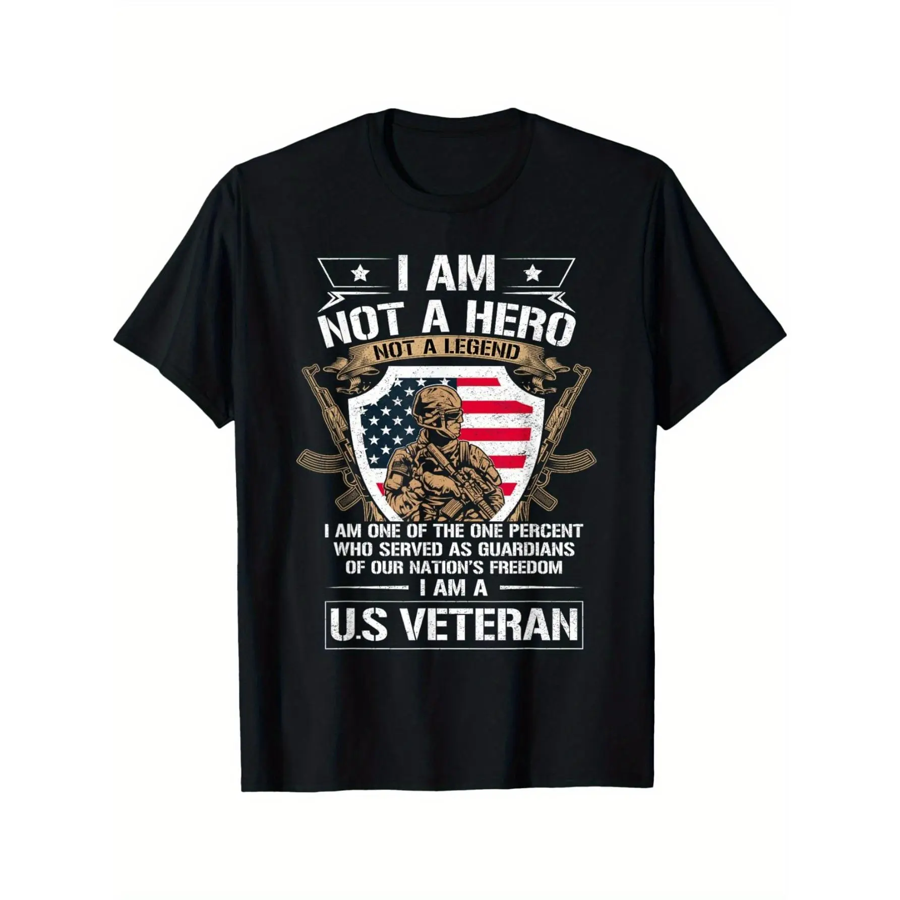 Men's Plus Size Cotton Casual Classic Short Sleeve T-Shirt - Breathable Relaxed Fit, "I Am Not a Hero, I Am a U.S. Veteran" Graphic, American Flag, Soldier Silhouette, Black Round Neck, Machine Washable Patriotic Military Apparel