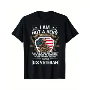 #TikTokShopRestock  Plus Size Patriotic US Veteran T-Shirt - "I Am Not a Hero, I Am a U.S. Veteran" Graphic with American Flag & Soldier Silhouette - Black Round Neck Tee for - Machine Washable, Military Apparel |   Bold Statement Shirt