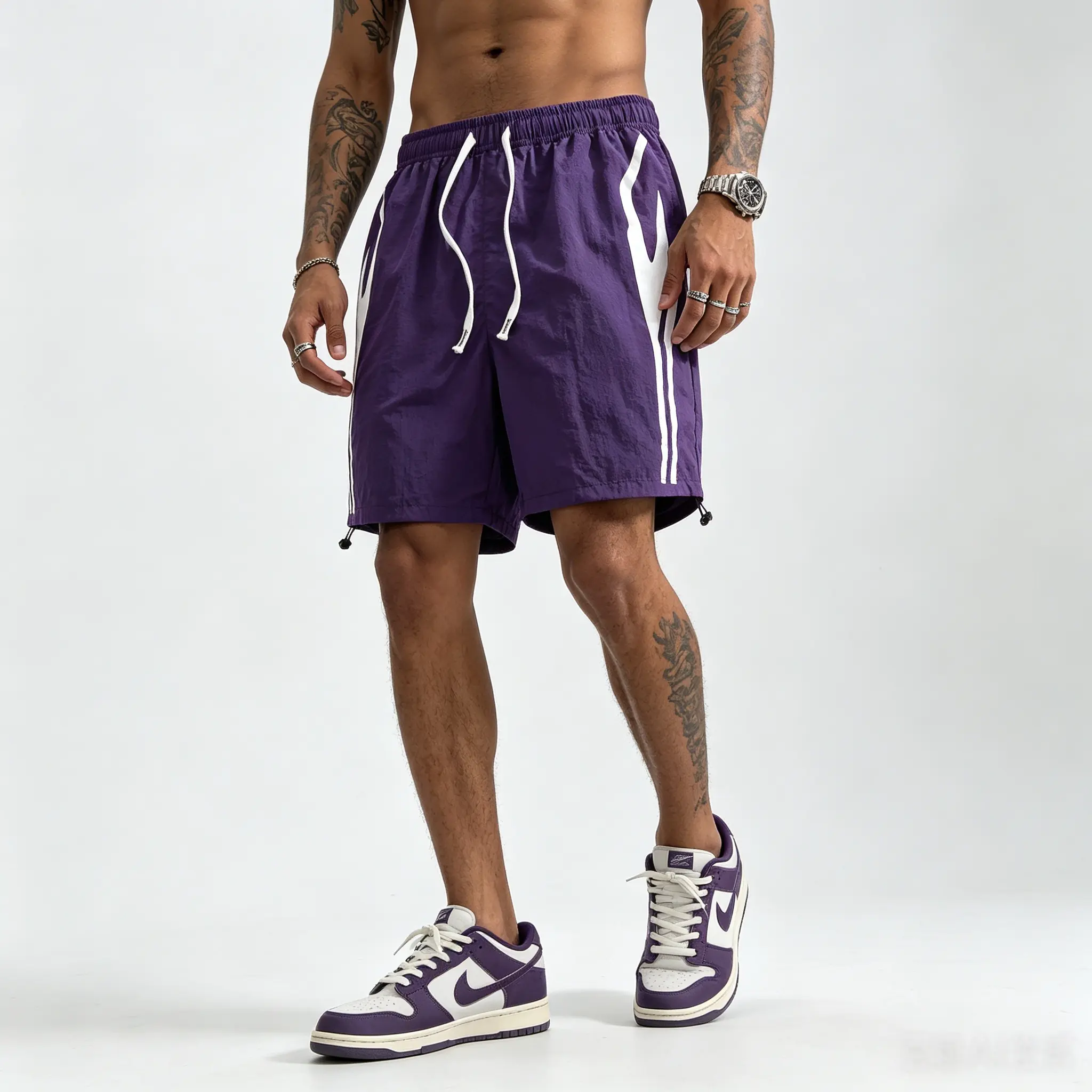 Men's Activewear Shorts, Purple Side Stripe Athleisure Bottoms with Pockets, Loose-Fit Quick-Dry for Gym Training, Men’s Shorts, Athleisure Street Shorts