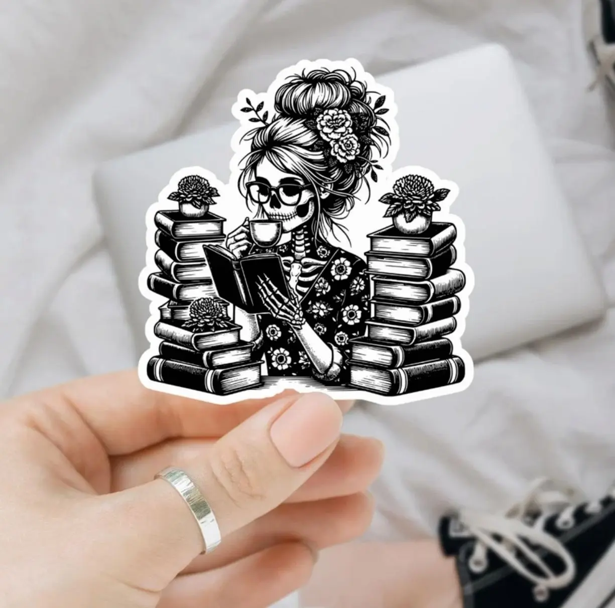 Skeleton Lady Reading Coffee, laptop stickers, funny stickers, sarcastic stickers, reading, smut stickers, Cars, Trucks, Laptops, Coolers, Toolboxes, Windows & More, Vinyl Sticker