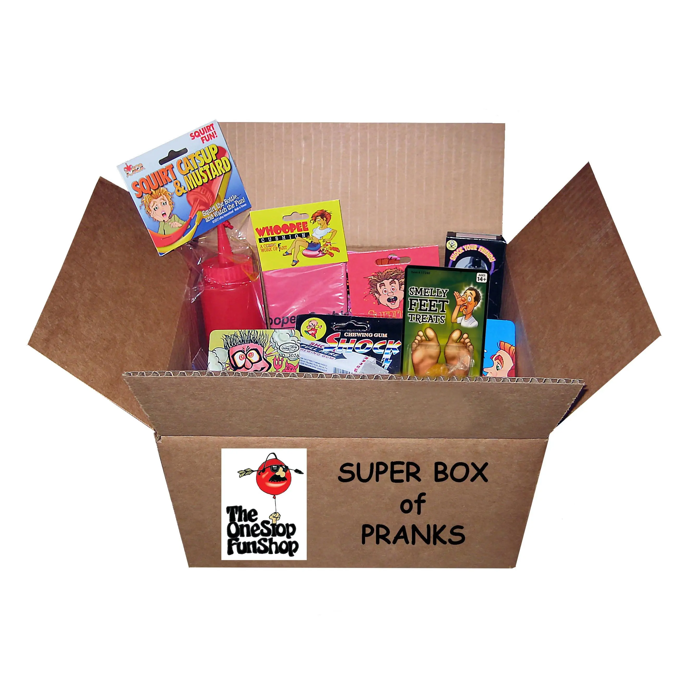Novelty Gag Toy Prank Super Box - Assorted Pranks with Disappearing Ink, Shock Gum, Itch Powder, Fart Bombs, 50% More Jokes for Fun, 8+ Years, Endless Laughs