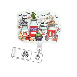 1Count/15pcs Halloween Festive Retractable Badge Reel - Acrylic Nursing Id Holder With Clip For Nurses, Doctors, Students & Office Staff