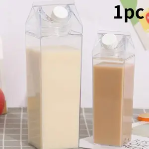 500ML/1000ML Milk Carton Water Bottle Drinkware Plastic Square Lid Milk Coffee Juice Tea Cup Transparent Milk Storage for Outdoor Sports Camping Gym