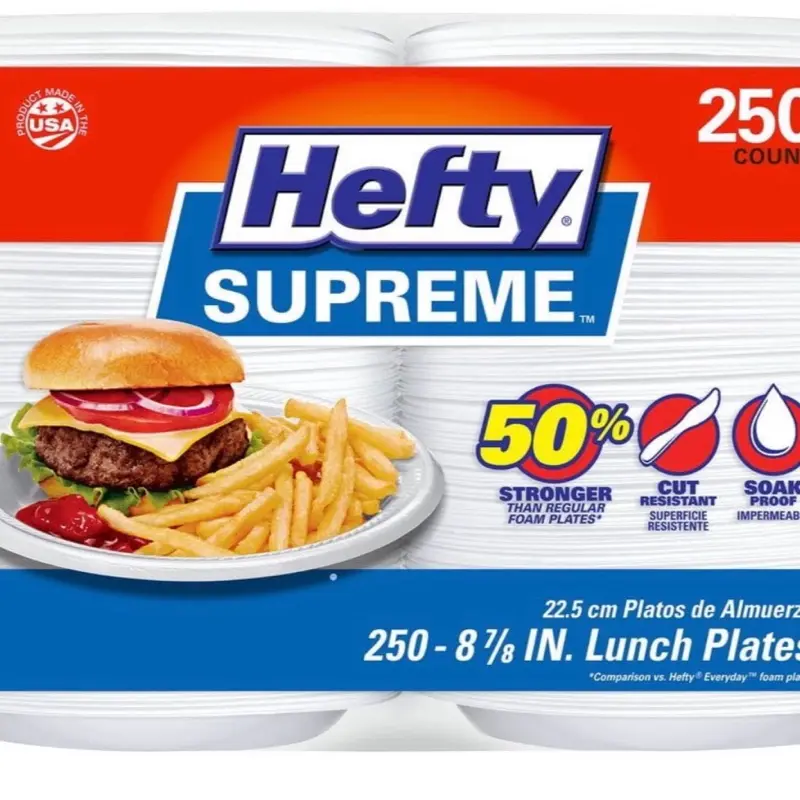 Hefty Supreme Foam Disposable Lunch Plates 8 7/8 250 ct Stronger Cut Resistant Soak Proof USA Made