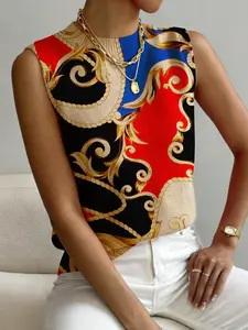 Women's Baroque Colorblock Print Stand Collar Fitted Sweater, Casual Sleeveless Knit Top for Fall Winter, Comfortable All-Season Wear