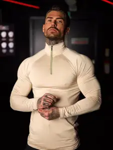 Trendy Beige Half - Zip Gym Shirt, Men’s Long - Sleeve, Breathable Material, Suitable for CrossFit, HIIT & Casual Athleisure, Gym Top