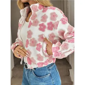 Women’s plush floral zip-up jacket coat, warm textured fabric, flower design, fall winter fashion, casual style womenswear tops