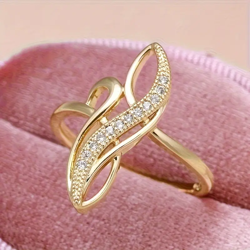 1pc Women's Fashion Statement Ring - Geometric Intertwined Lines Design with Synthetic Zirconia Stones, KC Golden Plated Luxury Ring for Daily Wear, Parties & Holidays, April Birthstone Jewelry Gift, Fashion Jewelry