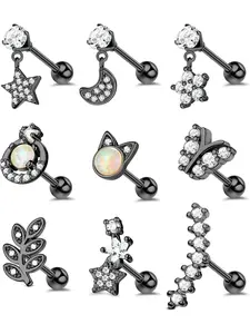 Cool 9 Pcs Black Exquisite Stud Earrings 16G Stainless Steel Cartilage Earrings for Women Men Shining CZ Star Moon Flower Dangle Cartilage Stud Earrings Cat Butterfly Forward Helix Conch Tragus Ear Piercing Jewelry Set