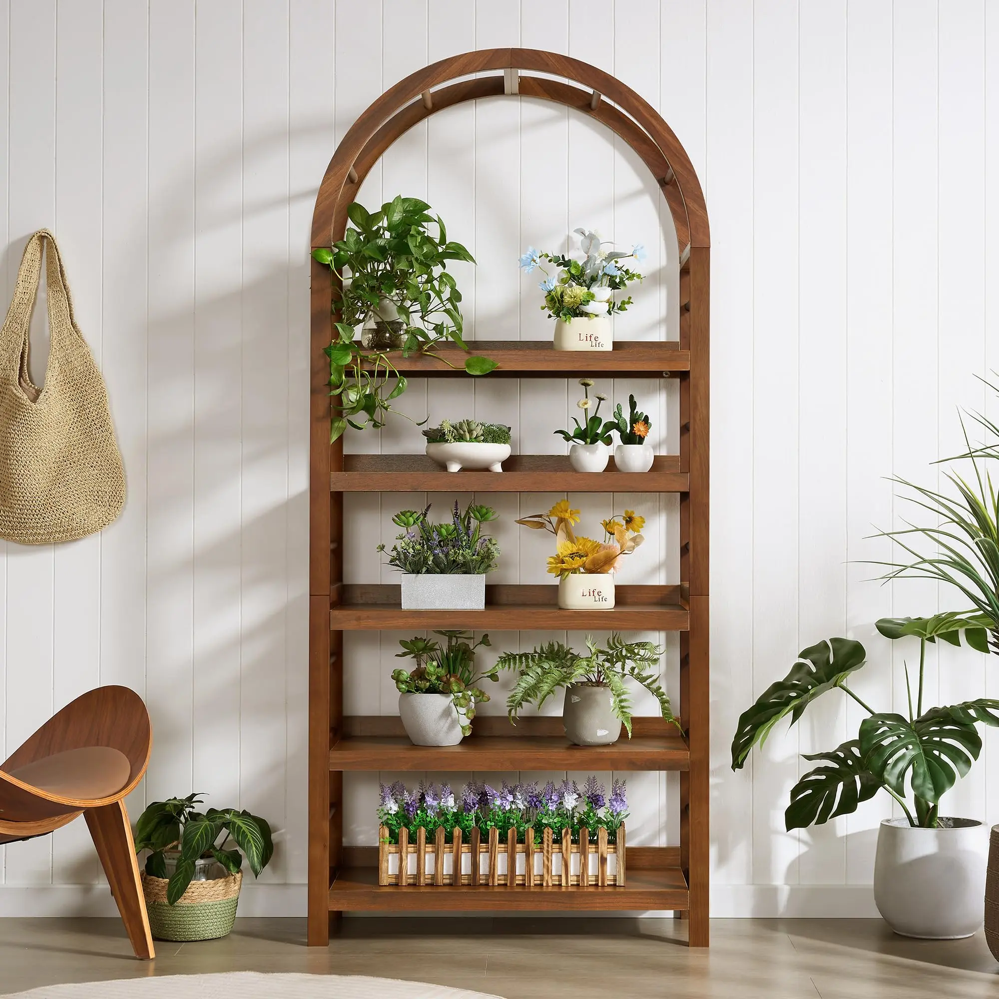 Giratree 70.87" 5-Tier Solid Wood Open Bookcase, Modern Arched Bookshelf, Home Office Shelf Storage Organizer, Storage Display Rack Shelf for Living Room