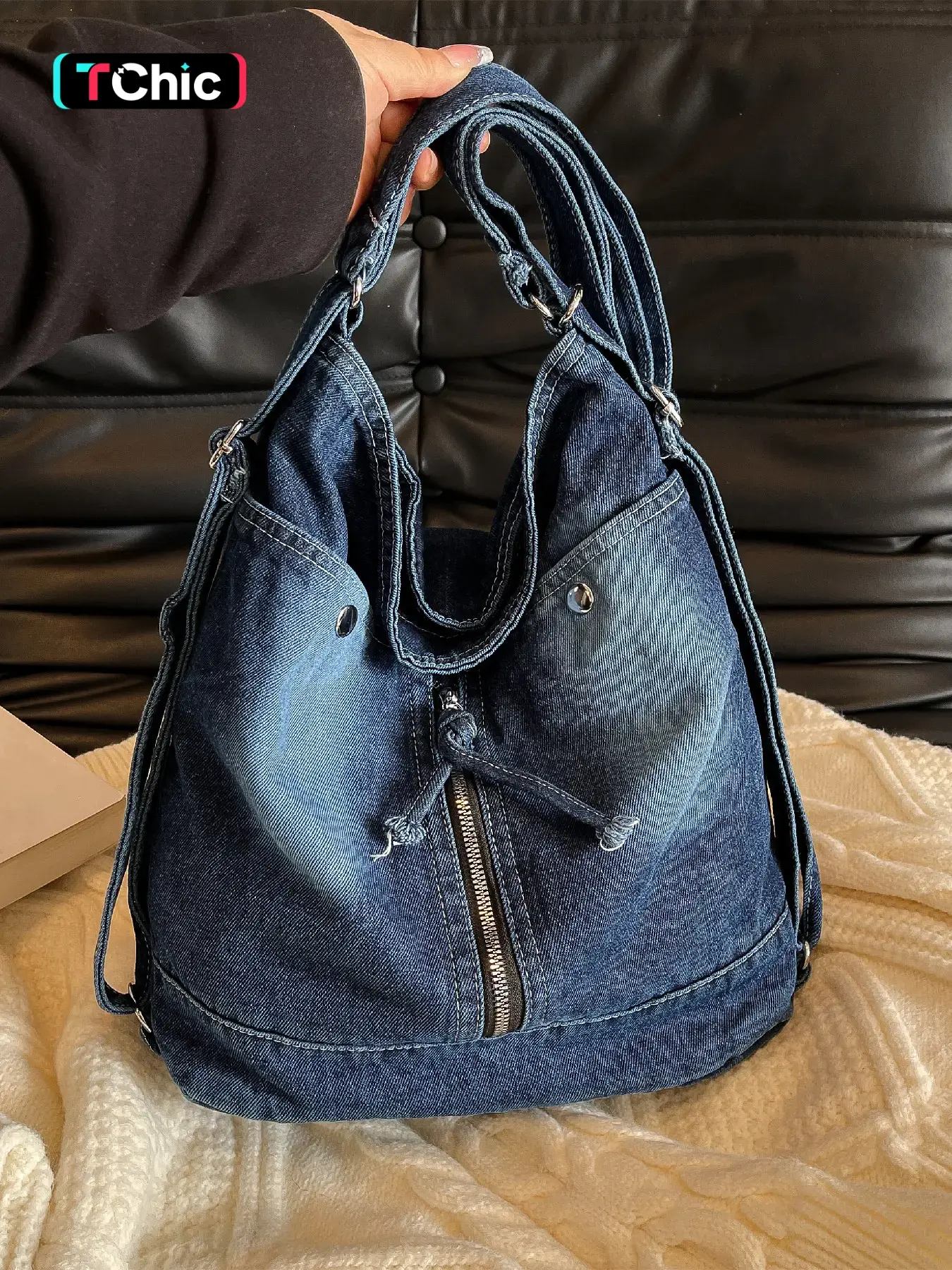 Large Capacity Rivet Decor Bag, Casual Fashion Shoulder Crossbody Bag, Denim Shoulder Purse, Casual Bags, Handbag Crossbody Bag, Suitable for Daily Use, Work, Commuting, Shopping, Dual Strap