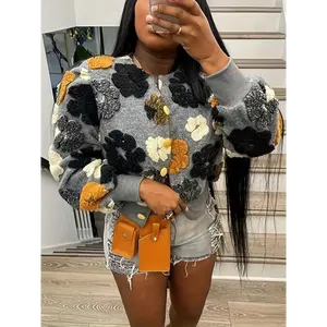 [Floral Fleece Jacket] Lightweight Polyester Women's Floral Print Fleece Bomber Jacket - Elegant Puff Sleeve Button- Outerwear for Fall/Winter, Machine Washable, Casual Style, Cute Jacket with Yellow & Black Floral Print Pattern