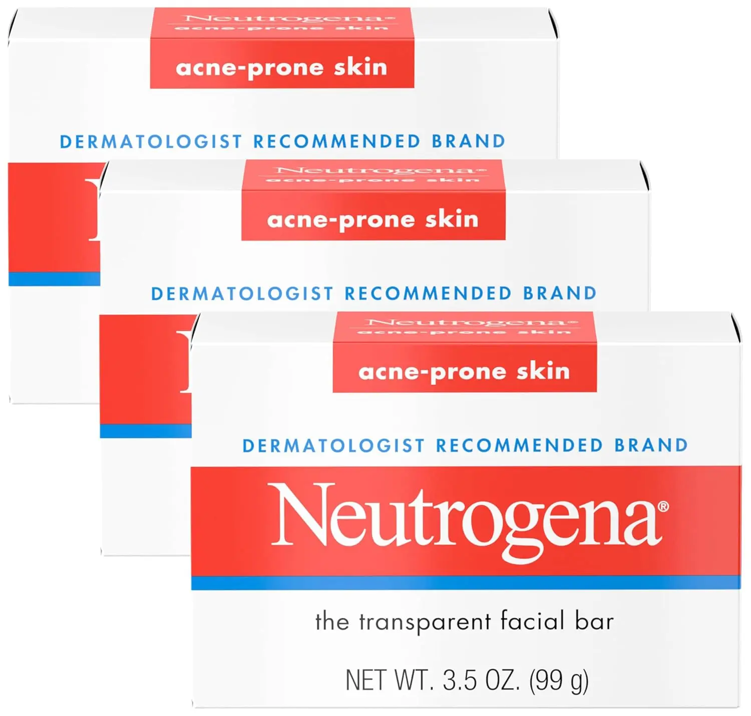 Neutrogena Facial Cleansing Bar for Acne-Prone Skin, Gentle Non-Medicated Daily Cleanser, Non-Comedogenic Transparent Soap with Glycerin, No Dyes or Detergents, 3.5 oz