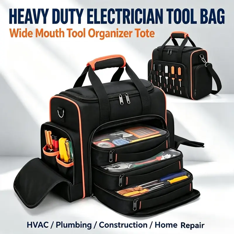 Heavy Duty Electrician Tool Bag, Wear-Resistant Oxford Wide Mouth Tool Organizer with Non-Slip Rubber Base, Multi-Pocket Tool Tote with Adjustable Shoulder Strap for HVAC Plumbing Construction Home Repair