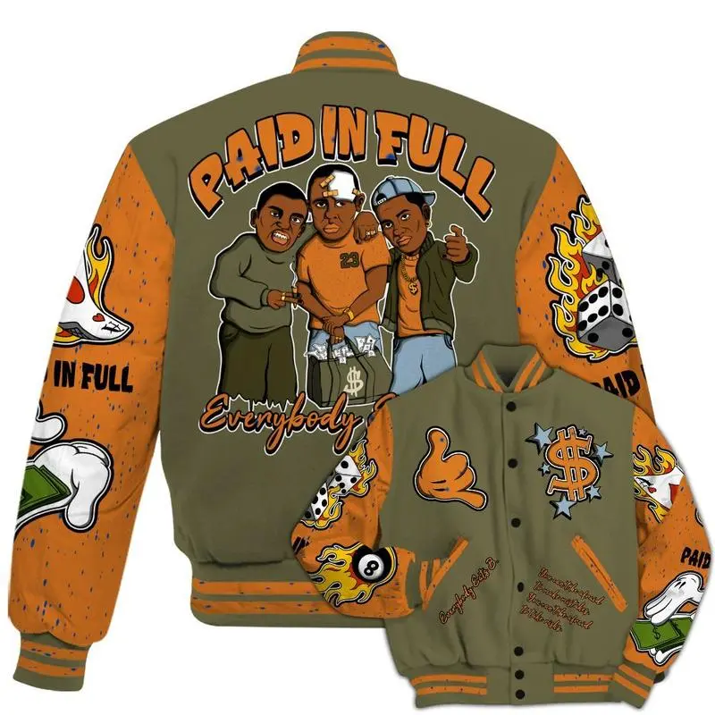 Olive 5s - Everybody Paid In Full Graphic All Over Print Varsity Jacket Outfits Unisex, Baseball Football Jacket, Varsity Sportwear Style