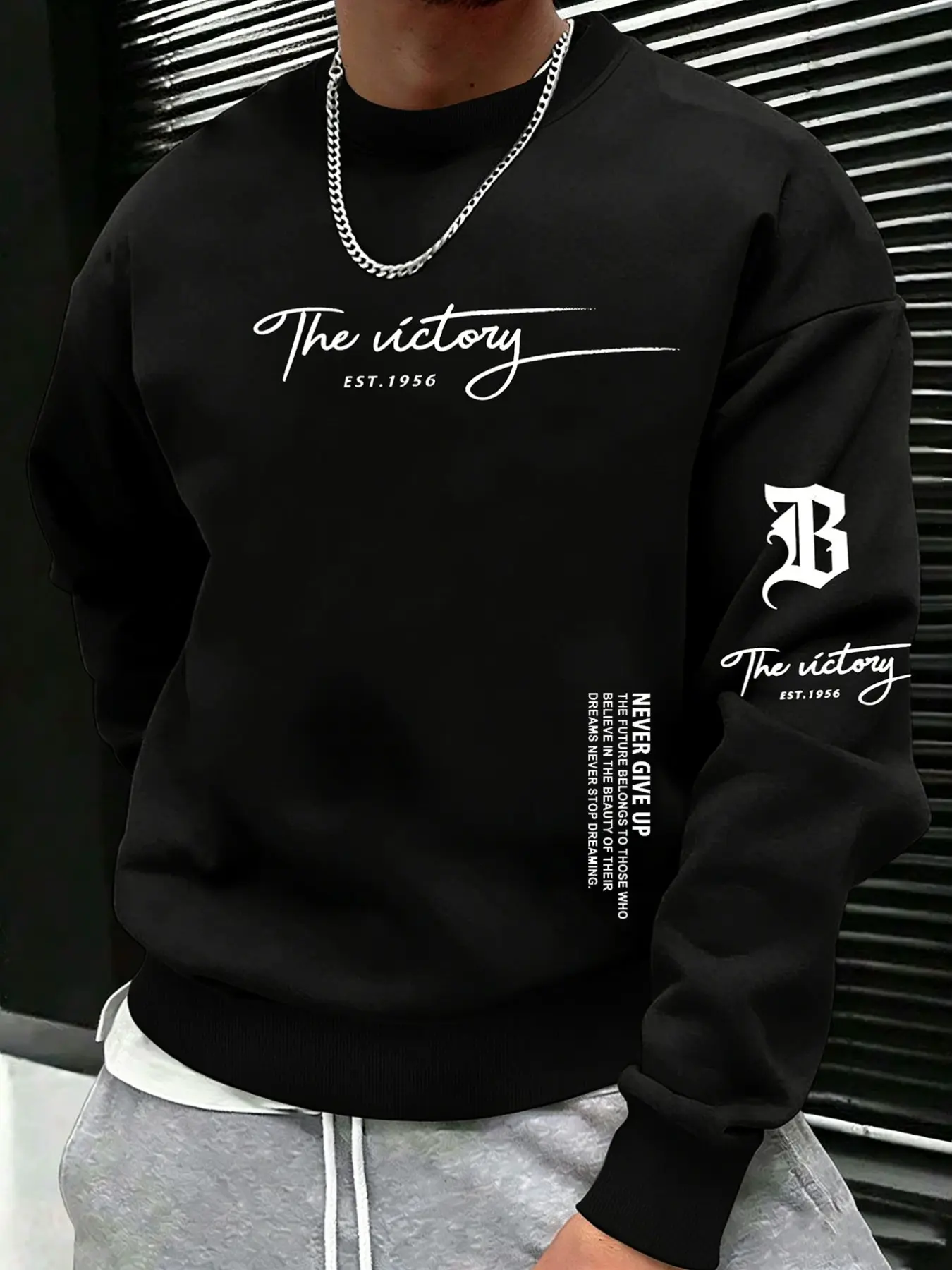Men's Letter Pattern Print Fleece Round Neck Long Sleeves Sweatshirt, Fall & Winter Classic Casual Versatile Top, Comfortable and Stylish