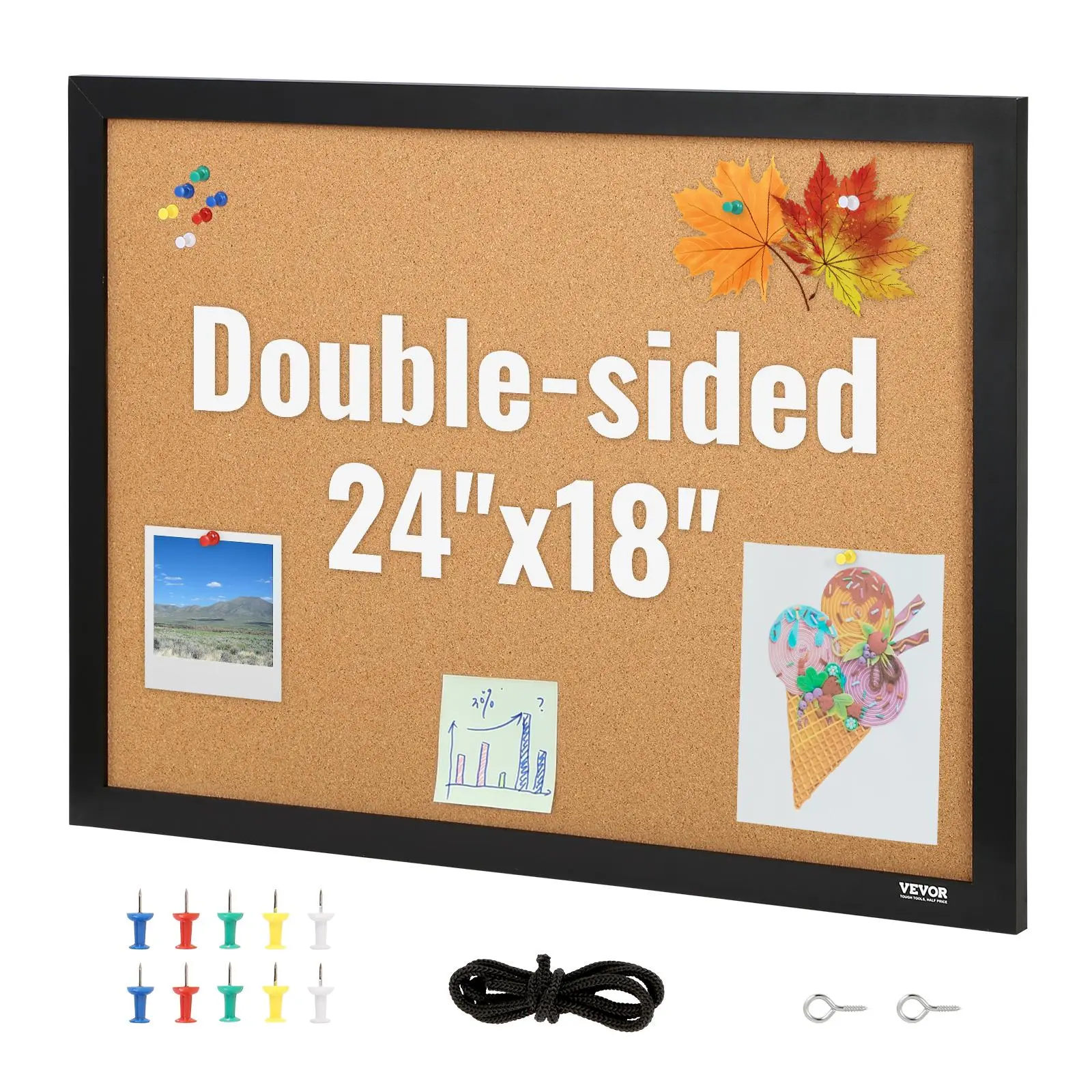 【Summerfinds】VEVOR Cork Board, 24 x 18 inches, Double-sided Bulletin Board with MDF Sticker Frame, Vision Board Includes 10 Pushpins, for Display and Decoration in Office Home and School