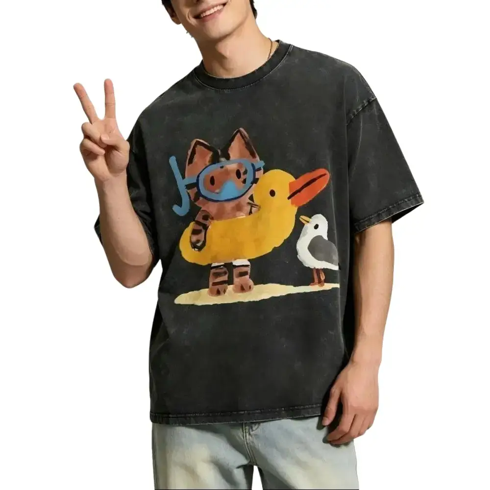 Unisex Cat & Seagull Print Soft Breathable Fabric Round Neck Shortsleeve Vintage Washed Oversized T-Shirt - Blue Black Casual Loose Summer Streetwear Top, Ideal Birthday & Holiday Gift