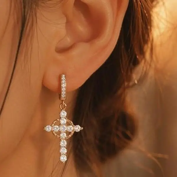 Hollow Cross Dangle Hoop Earrings for Women, Gothic Gold-Plated Cubic Zirconia Accessories, Nickel-Free for Daily Wear & Concerts, Accessories For Women