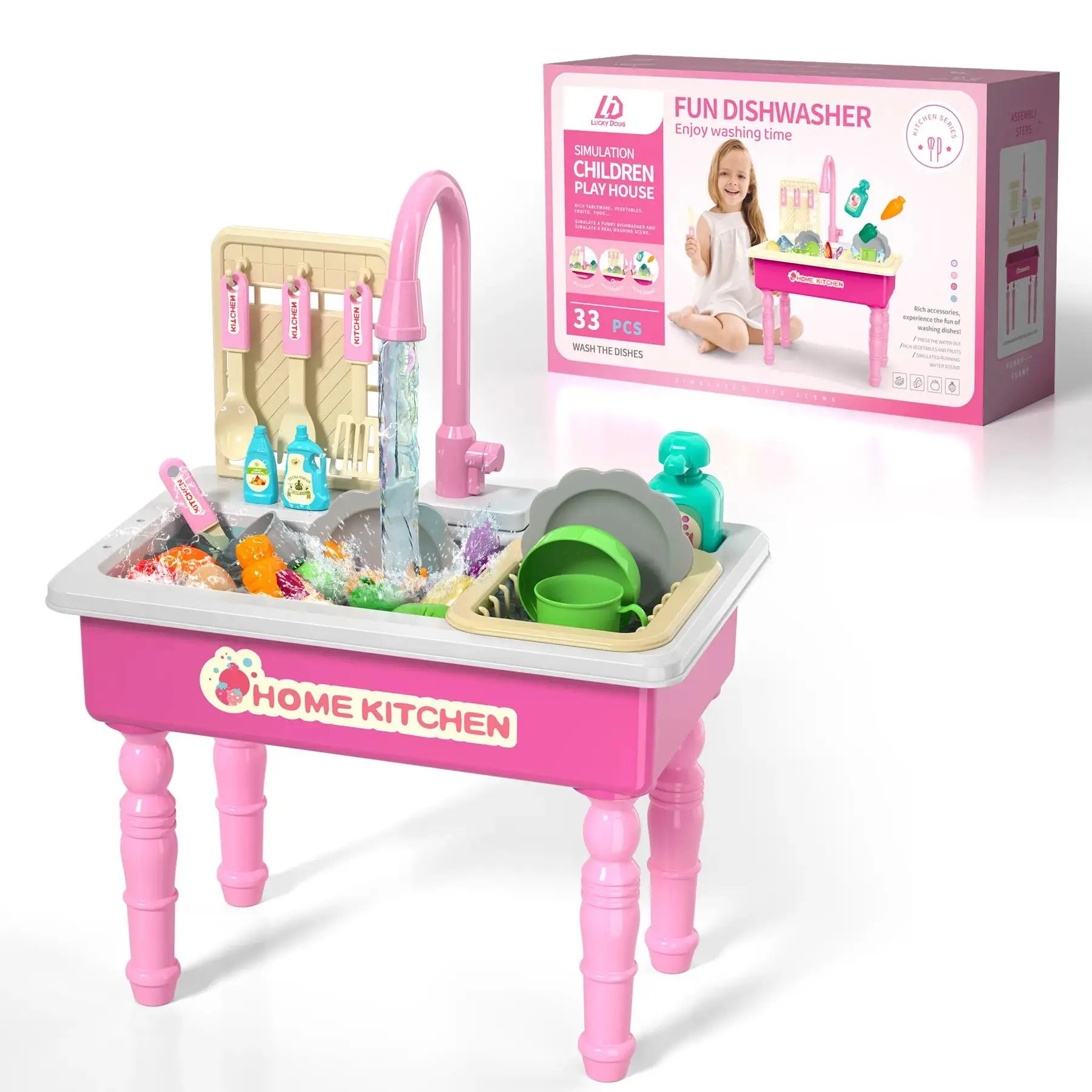 Toddler Kitchen Playset - 33-Piece Simulation Utensils Cleaning Playset with Auto-Water Cycle System, Realistic Sink-Faucet, Pretend Food-Vegetables, Dishwasher Furniture, Role Play Play Kitchen Accessories, New Year Gift
