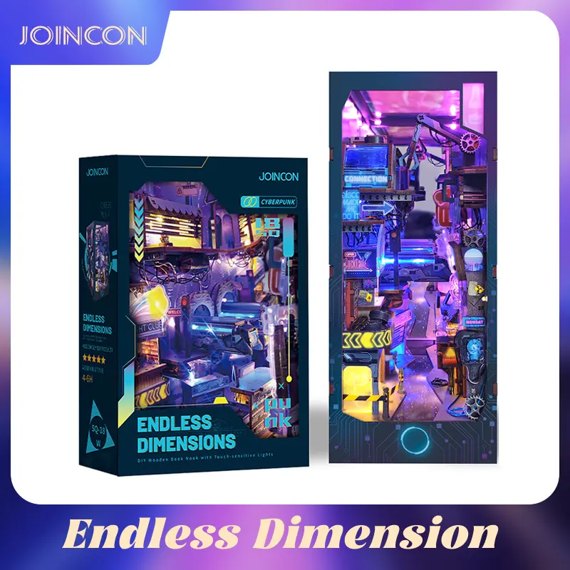 Joincon 3D Cyberpunk Creative Building Block Book Nook Kit - LED Lights, Dust-Proof Cover, Bookshelf Decor, DIY Miniature Insert Bookend | Endless Dimension SQ-18 Gift Idea