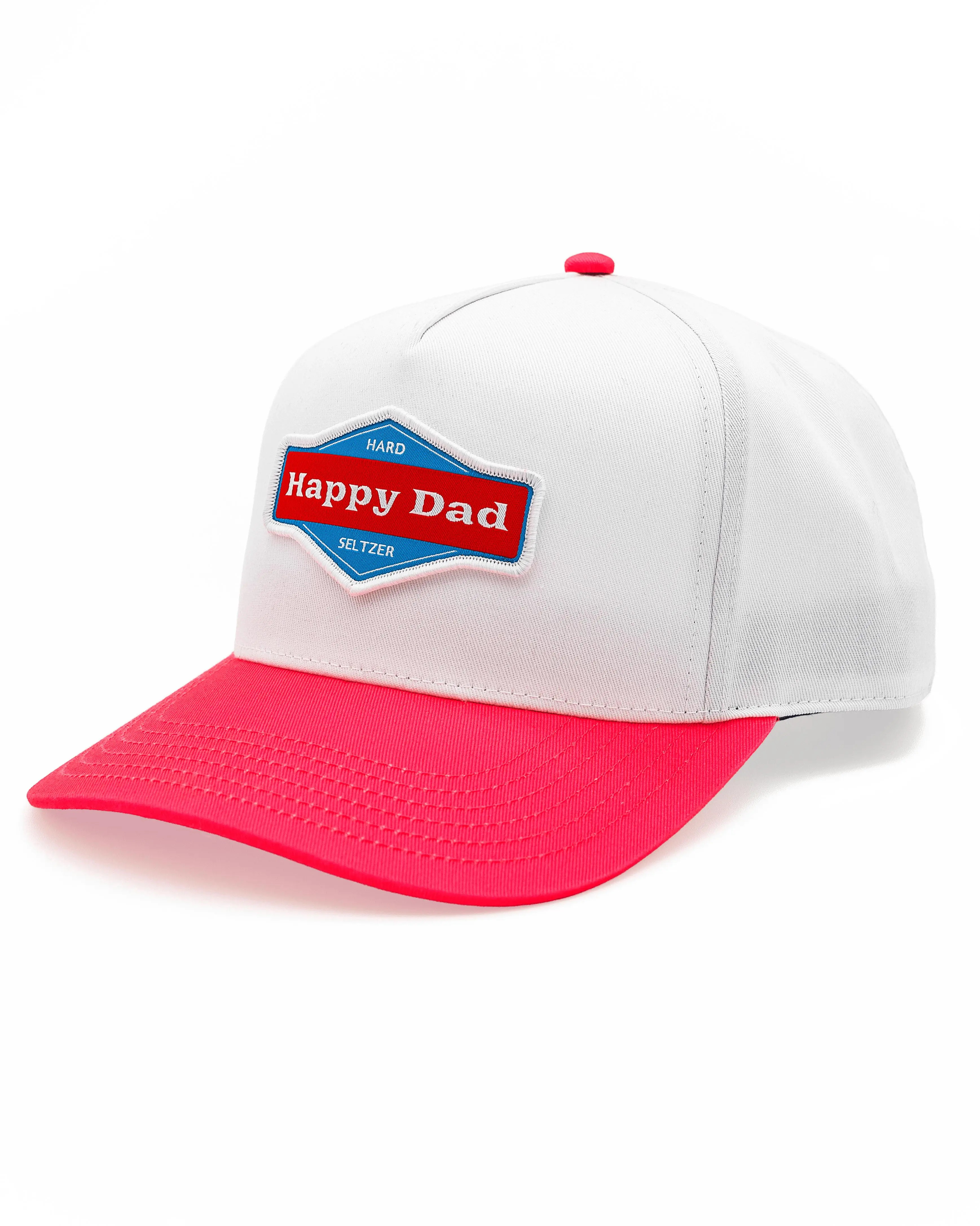 Happy Dad Snapback Hat for Men, 2-Tone Casual Streetwear Style with Adjustable Strap & Logo Patch - White/Pink, Casual Hat, Dad Style Cap, Dads Snapback Hat