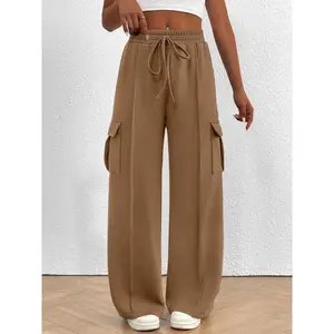 � � Plus Size � �   Solid Drawstring Waist Cargo Pants, Casual Elastic Waist Pocket Trousers for Women, Women's Bottoms for Fall & Winter