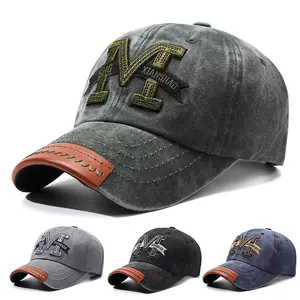 2-piece set of European and American retro men's washed-out faded and aged denim caps with M letters and pure cotton soft-top embroidered baseball caps