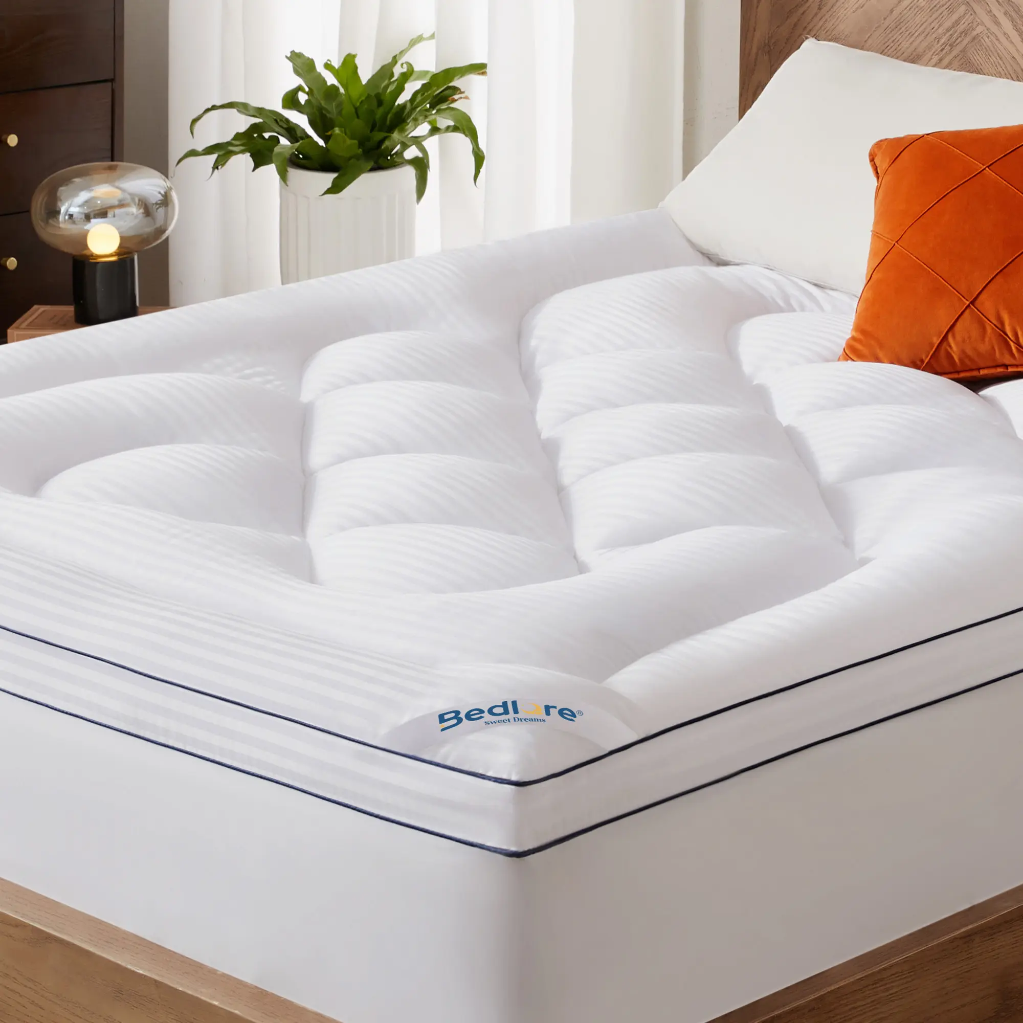 【HomeEssentials】BEDLORE Polyester Cooling Mattress Topper, Chinese Knot Pattern, Extra Thick Wrinkle-Resistant Pillow-Top, Deep Pocket Hold (Fits 6-18 In), Machinewash Easy, Cozy Home Upgrade for Twin XL/California King/Double Bedding