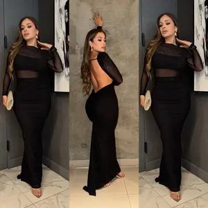 Women's Minimalist Long Sleeve Formal Evening Dress - Polyester-Spandex Fabric, Women's Clothes, Fluid-Shaped, Flexible, Straight Evening Dresses