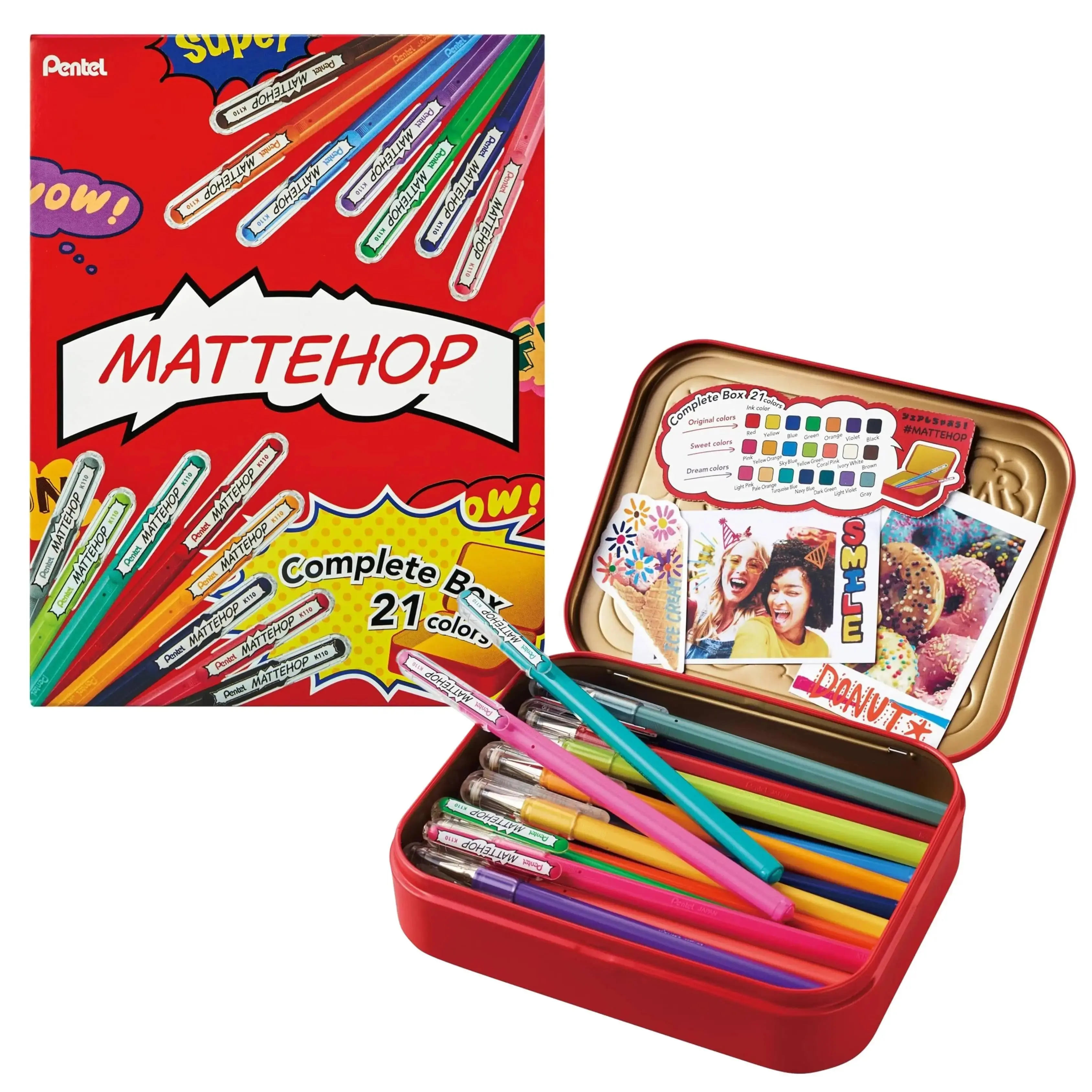 Pentel MATTEHOP Color Gel Pens Set - 1.0 mm Tip, 21 Colors Collectibles, Premium Metal Box, Vivid Matte Ink, Bold Primaries, Award-Winning Office Stationery for Adult Creatives' Art Projects, Japanese Stationery Awards Grand Prize Winner, Hand Lettering