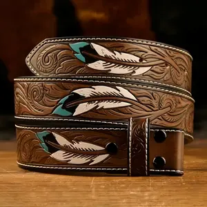Western Cowboy Style Feather Pattern Belt, Boho Style Ethnic Pattern Trendy Belt for Women & Men, Fashionable Buckle Decorated Cowboy Waist Belt, Fashion Accessories for Daily Wear, Stylish Belts Men's  Ratchet Adjustable Belt