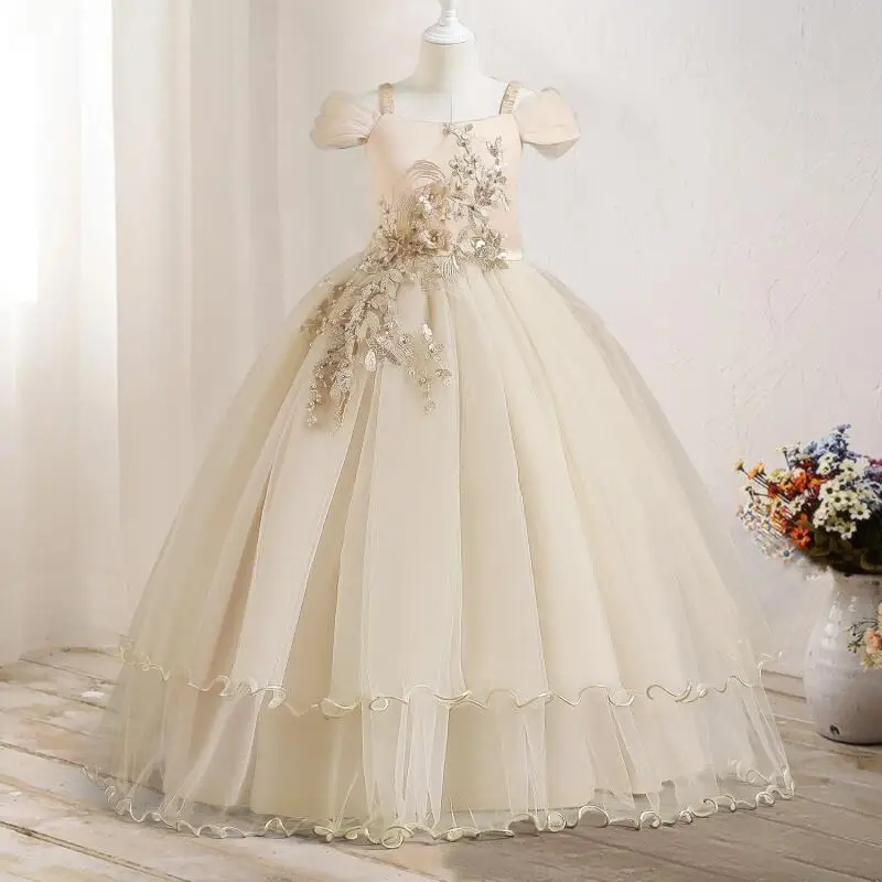 Flower Elegant Birthday Party Dress for Girls Off-shoulder Applique Formal Pageant Dress Luxury Weddings Bridesmaid Long Dresses for Teenager