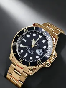 Top Luxurious Features Gold Ghost Submariner Series Business Casual Men's Watch, Round Dial, Quartz Movement, Luminous Waterproof Strap, Butterfly Buckle, Fashion Accessory