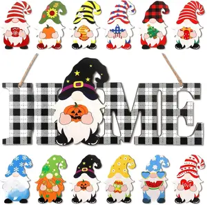 Interchangeable Gnome Home Door Sign – Wooden Seasonal Wall Decor with 12 Changeable Gnomes for Holidays & Seasons