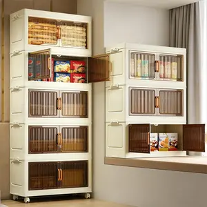 Heavy Duty No Assembly Storage Cabinet Movable Universal Wheel Durable Stackable Transparent Door Large Capacity Home Toy Snack Sundries Storage Box