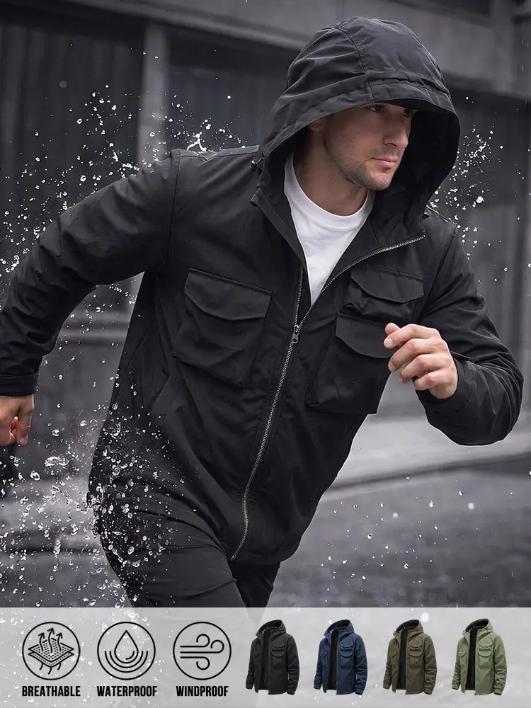 Hooded Outdoor Tactical Windbreaker, lightweight quick-dry breathable fabric, symmetrical front cargo pockets, drawstring customizable hood and windproof hem for jogging, field trips and versatile daily collocation